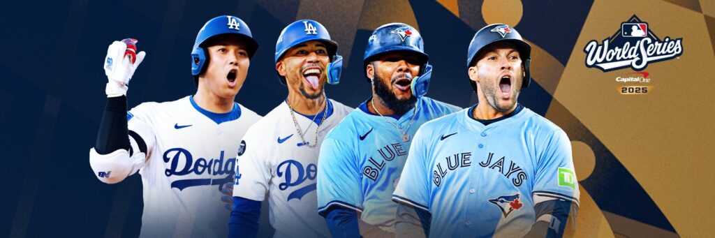 MLB World Series matchup image from X.com/MLB featuring Ohtani, Betts, Vlad Jr. and George Springer.